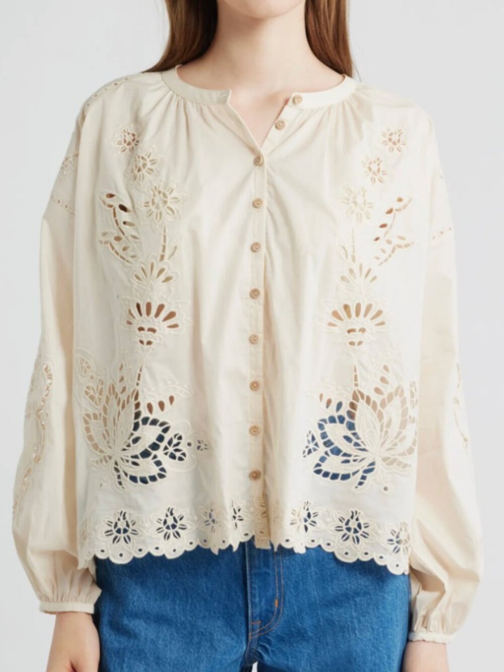FARM RIO Soft Pink Artisanal Long Sleeve Blouse